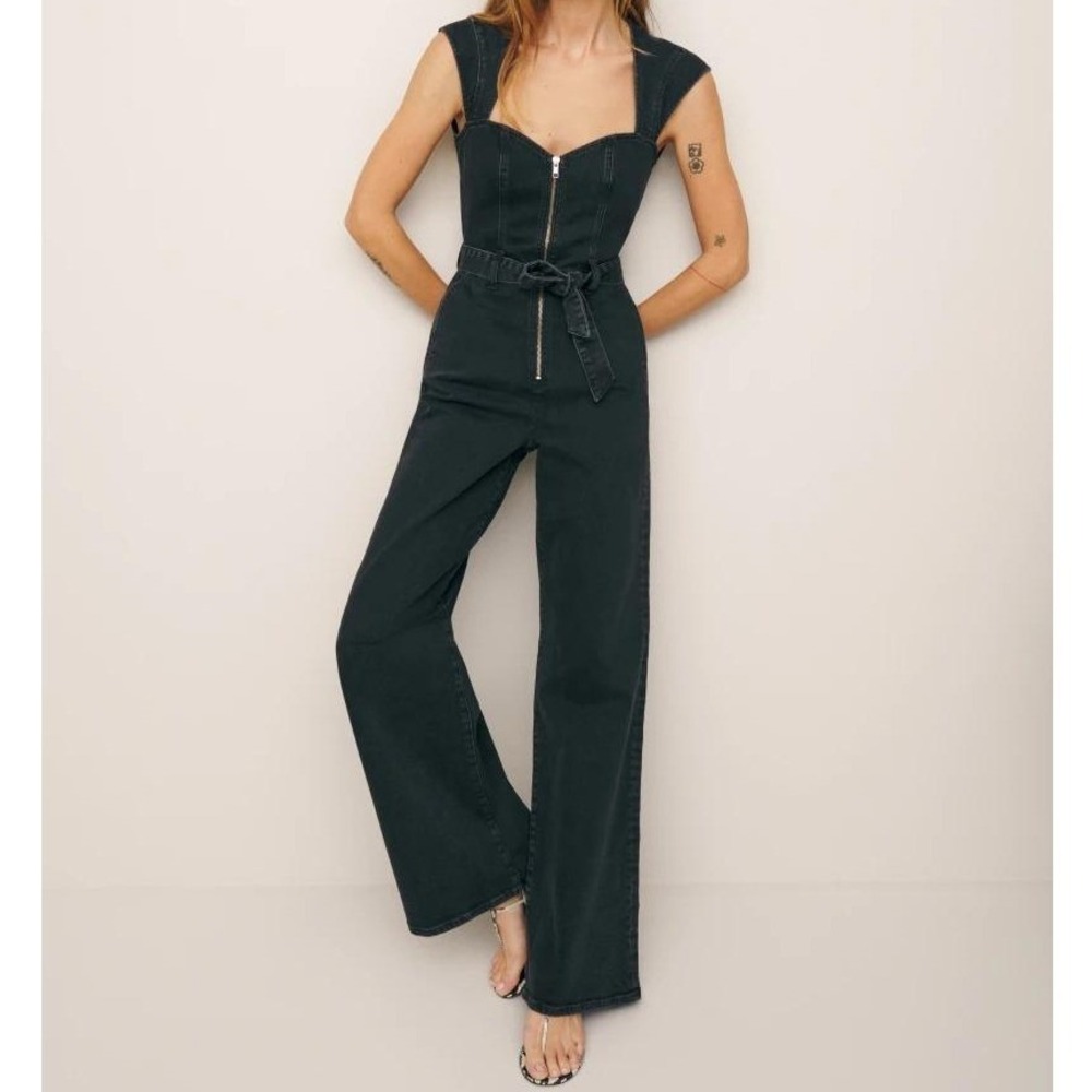 Reformation Black Calypso Wide Leg Denim Jumpsuit Erie Tie Waist Size 6